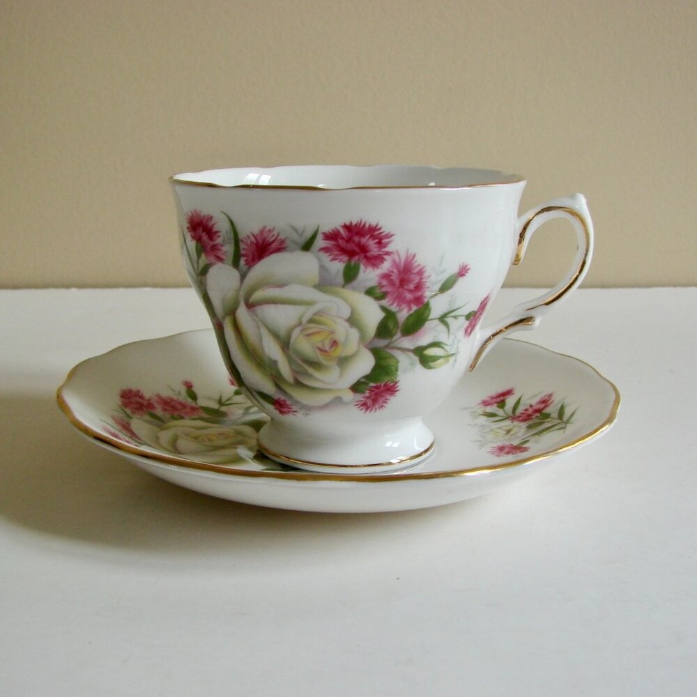 Vintage Bone China Teacup and Saucer White Rose Pink Flower Royal Vale Scalloped
